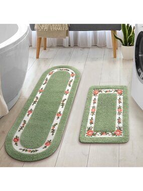 2-Pc Floral Bathroom Rugs Set - Non-Skid, Absorbent Rose Area Carpets for Home